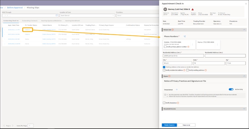 Check in hyperlink with yellow highlight box around it and a yellow arrow pointing to the open Appointment Check In window.